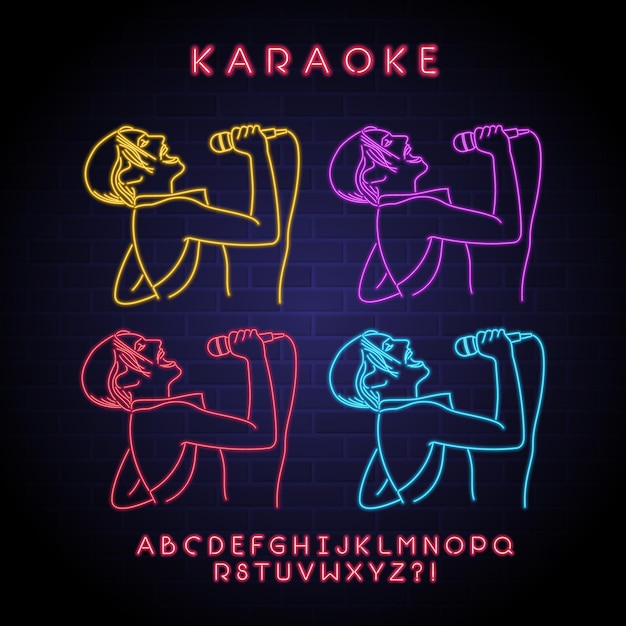 Karaoke and singer silhoutte with neon light glowing illustration