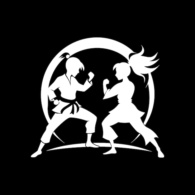 karate girl fight vector art illustration logo design black and white color