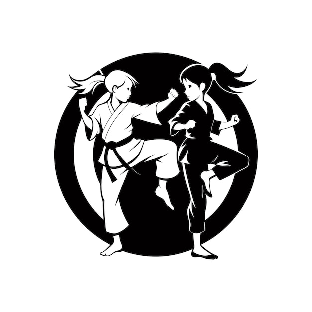 karate girl fight vector art illustration logo design black and white color