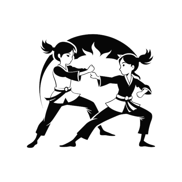 karate girl fight vector art illustration logo design black and white color