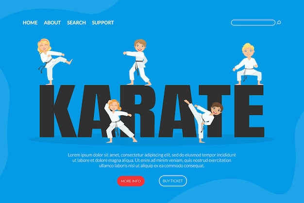 Vector karate landing page template cute boys and girls practicing asian martial arts web banner cartoon