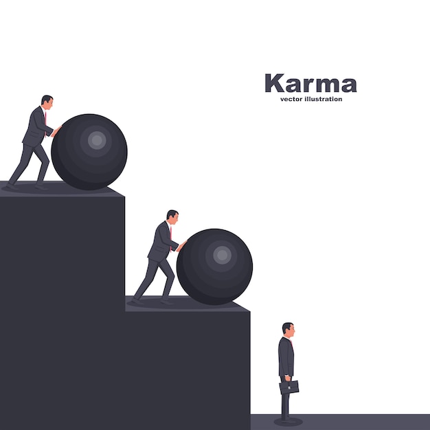 Karma concept Man is pushing a ball Punishment for the harm done Vector illustration flat design