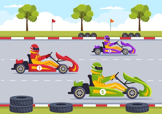 Karting Sport with Racing Game Go Kart on Circuit Track in Flat Cartoon Hand Drawn Illustration