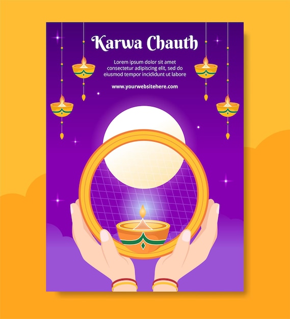 Vector karwa chauth festival indian poster template hand drawn cartoon flat illustration