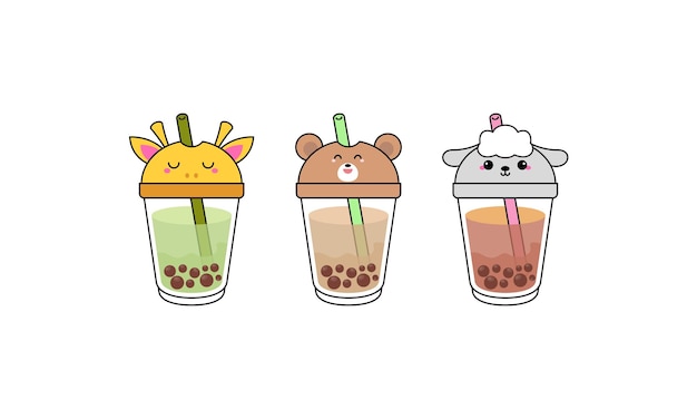 Kawai Cute Bubble Tea with Cup Animal Faces