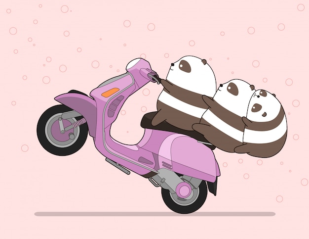 Kawaii 3 pandas is riding motorcycle.