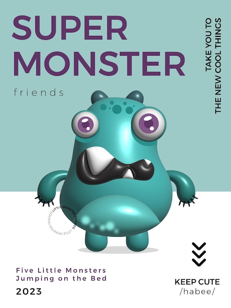 Kawaii 3d vector cute little monster friends cyan