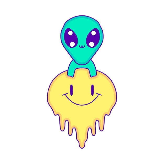 Kawaii alien with melted smile emoji face doodle art, illustration for t-shirt, sticker.