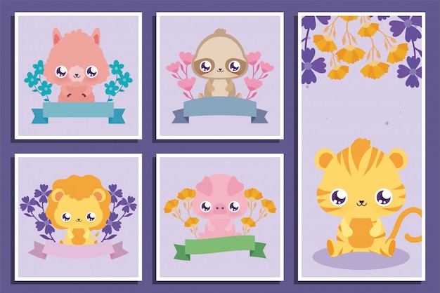 Kawaii animals cartoons and flowers