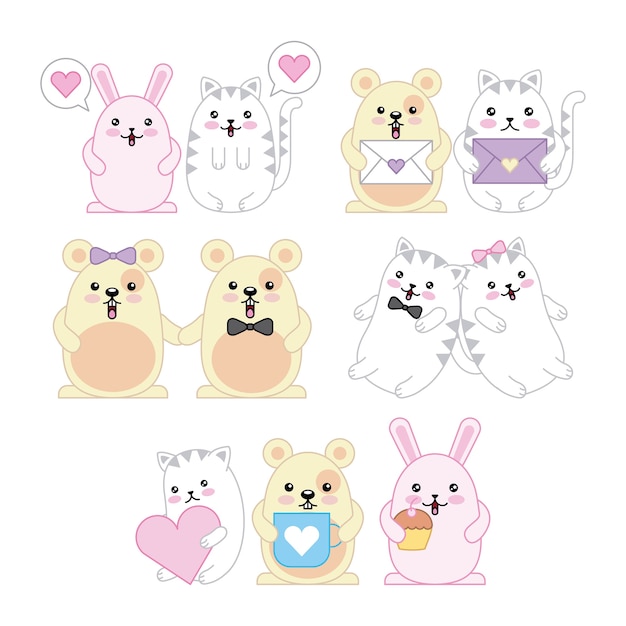 kawaii animals mouse kitty cat and rabbit cartoon