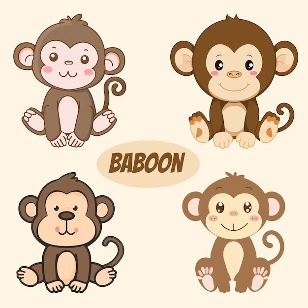 Kawaii Baboon Illustrations Vector Set