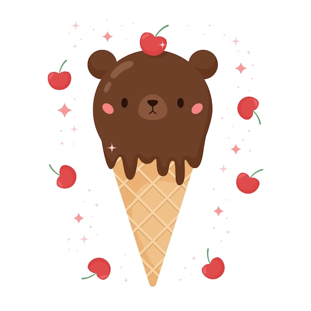 Kawaii bear ice cream with cherry in the waffle cone