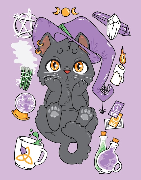 Vector kawaii black cat witchy kitten