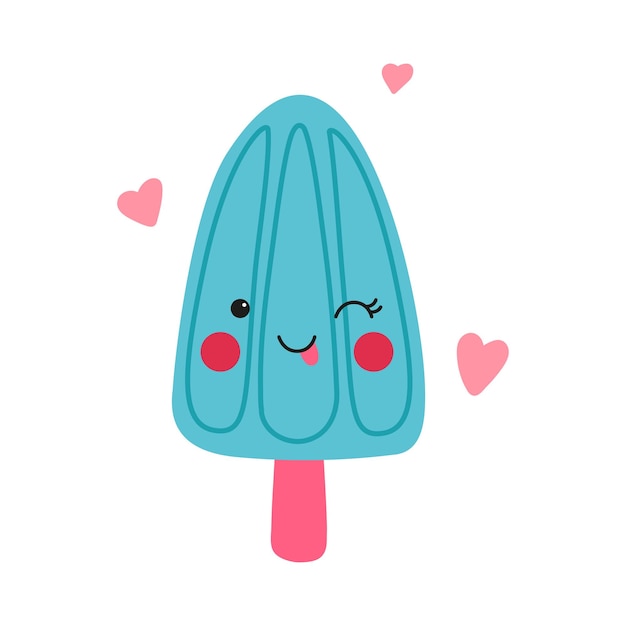 Kawaii blue ice cream popsicle character isolated on white background Cute vector illustration