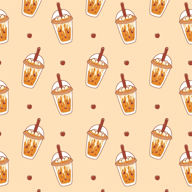 Kawaii Bubble milk tea ice cup hand drawn seamless pattern