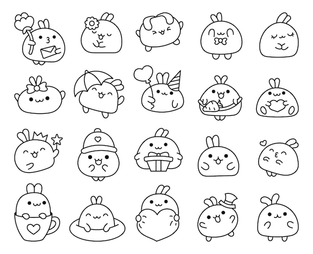 Kawaii bunny Coloring Page Cute cartoon funny pet baby character Smiling animal