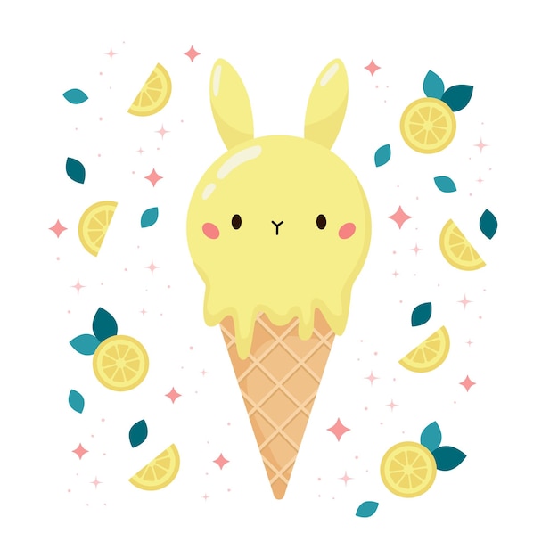 Kawaii bunny ice cream with lemons