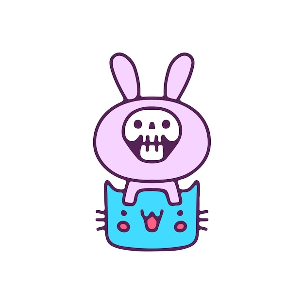 Vector kawaii bunny skull with cat, illustration for t-shirt, sticker, or apparel merchandise.