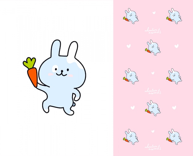 Kawaii bunny with carrot. Pattern with rabbits