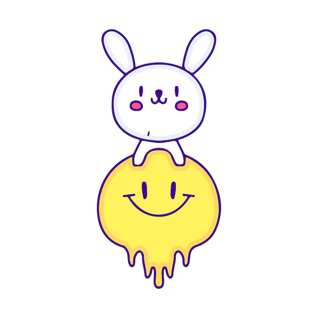 Kawaii bunny with distorted smile emoji face doodle art, illustration for t-shirt, sticker.