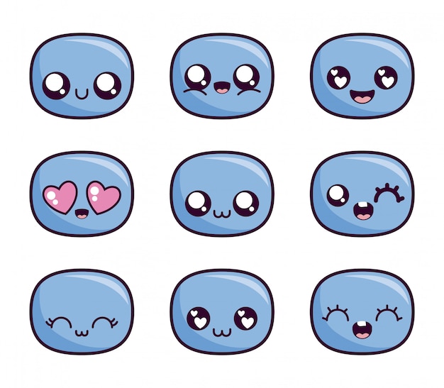 Kawaii cartoon face icon set inside ovals 