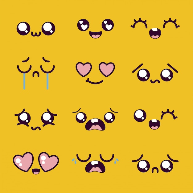 Kawaii cartoon face icon set over yellow