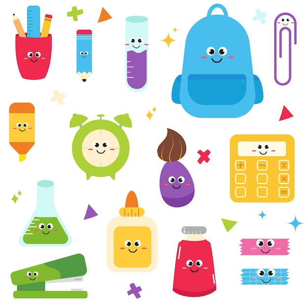 Kawaii cartoon school supplies characters collection Flat doodle style school stationeryxD