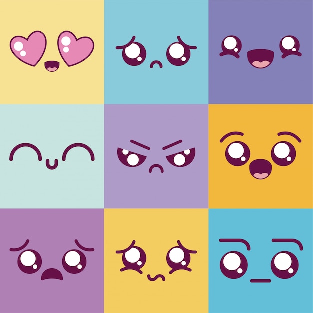 Kawaii cartoons multicolored emoticon set vector design