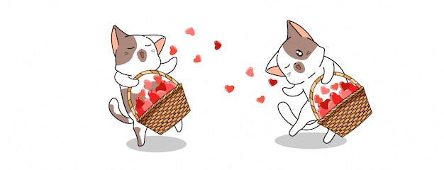 Kawaii cat characters are spreading hearts