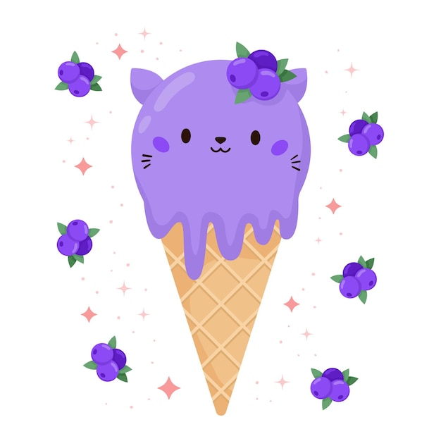 Kawaii cat ice cream with blueberry