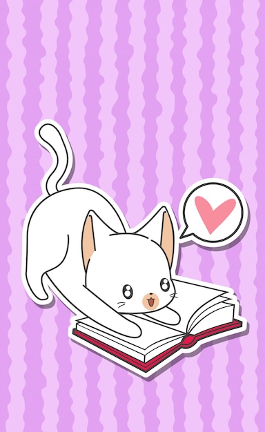 Kawaii cat is reading a book in cartoon style.