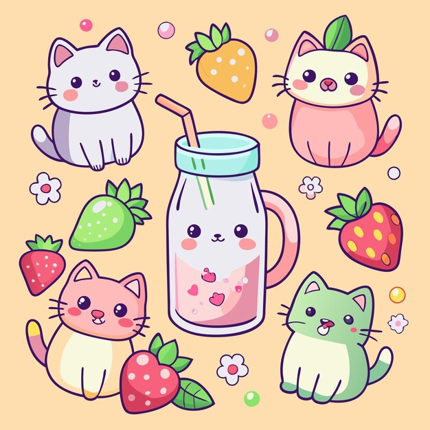 Vector kawaii cat and strawberry jar cute cartoon style illustration