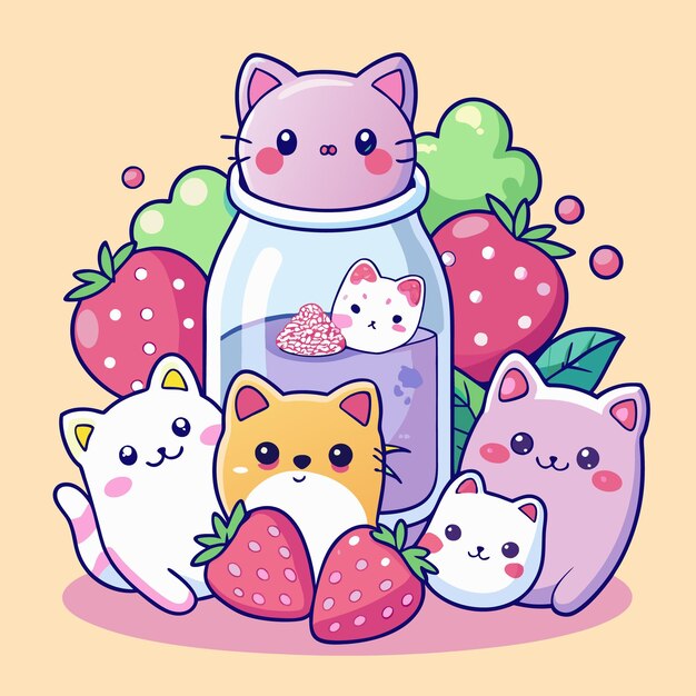 Vector kawaii cat and strawberry jar cute cartoon style illustration