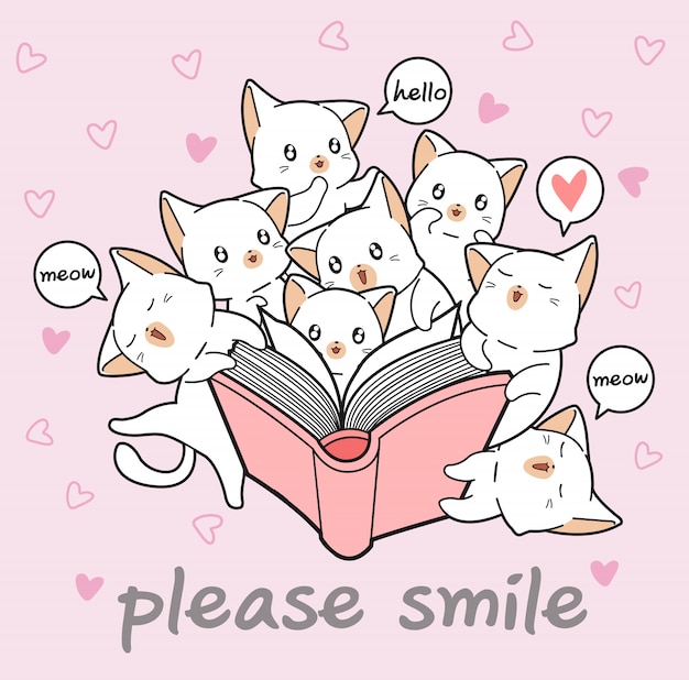 Kawaii cats are loving a book