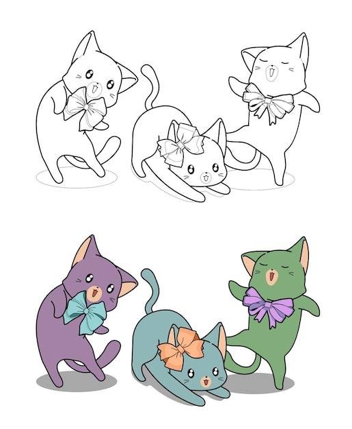 Kawaii cats with bow cartoon easily coloring page for kids