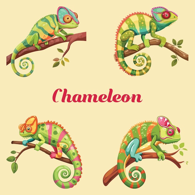 Kawaii Chameleon Illustrations Vector Set