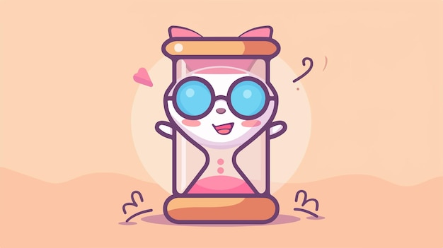 Vector kawaii character wearing sunglasses with hourglass time concept in flat vector design