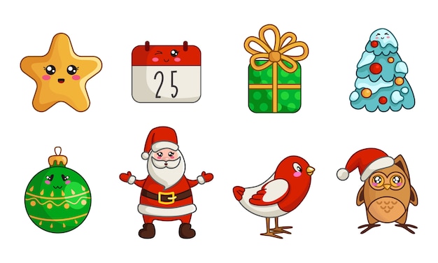 Kawaii Christmas set of new year owl, bird, Santa Claus, calendar, gift box, Christmas tree