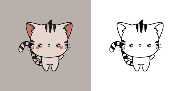 Kawaii Clipart Cat Illustration and For Coloring Page. Funny Kawaii American Shorthair Cat.