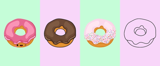 Kawaii Clipart Food Illustration and For Coloring Page. Funny Kawaii Donut.