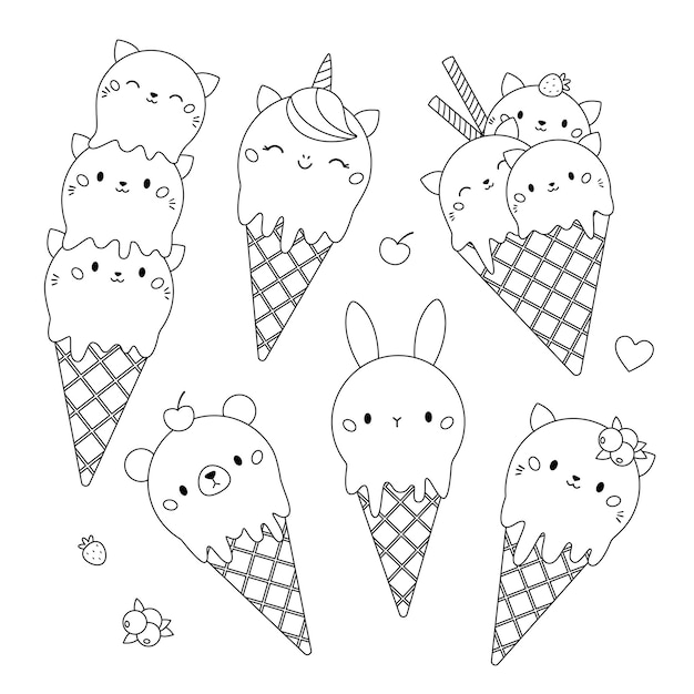 Kawaii coloring page with cute ice cream in waffle cone