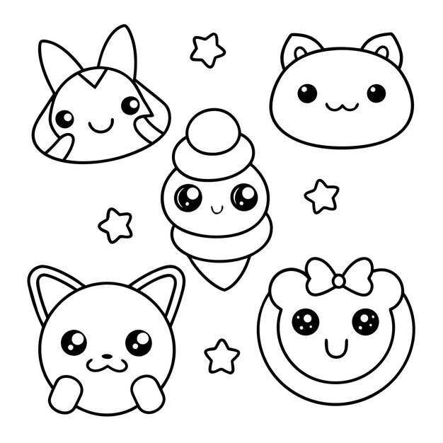 Vector kawaii coloring pages for kids learning