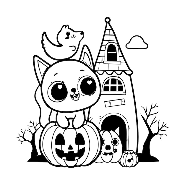 kawaii cute animal with pumpkin and haunted house halloween coloring page vector illustration