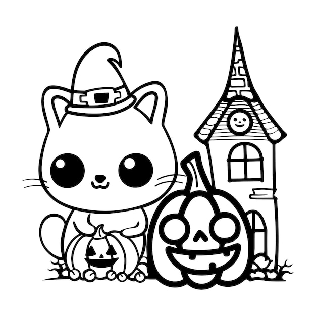 kawaii cute animal with pumpkin and haunted house halloween coloring page vector illustration