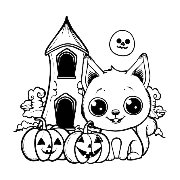 kawaii cute animal with pumpkin and haunted house halloween coloring page vector illustration