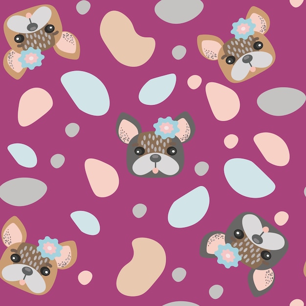 Kawaii Cute bulldog seamless pattern Isolated cartoon vector illustration