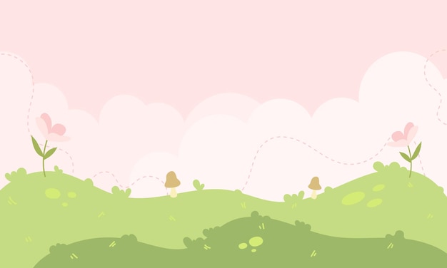 Kawaii Cute Cartoon Landscape Background with grass flowers and sky