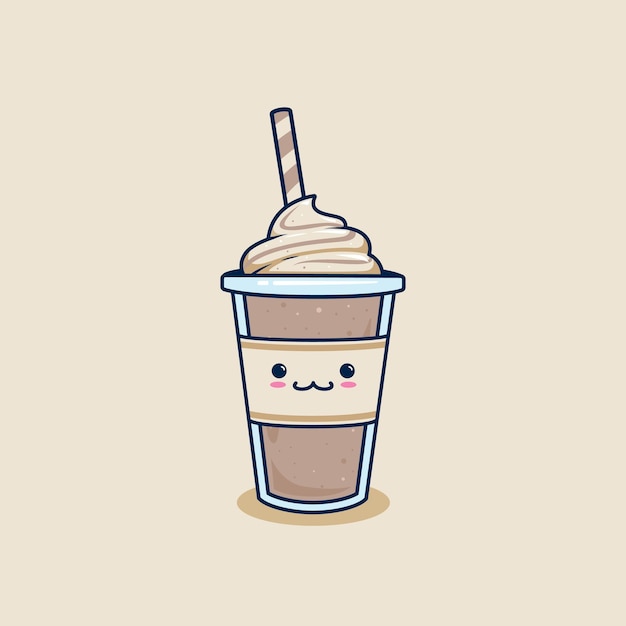 Kawaii cute chocolate milkshake in takeaway cup with whip cream topping illustration cute frappe coffee in plastic cup illustration mascot cartoon character