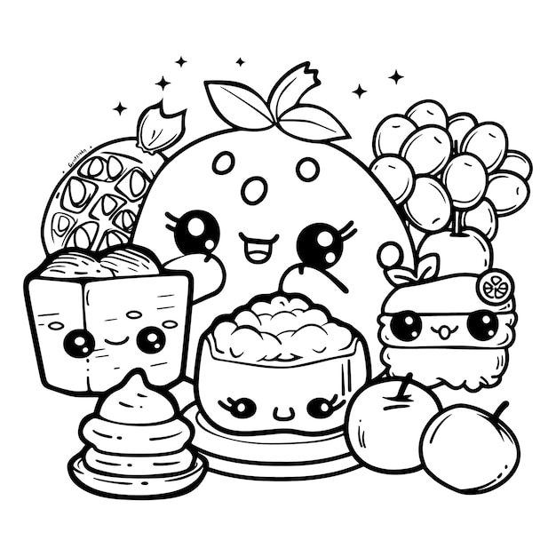 Vector kawaii cute food coloring page white background clean line art hand drawn kawaii illustration