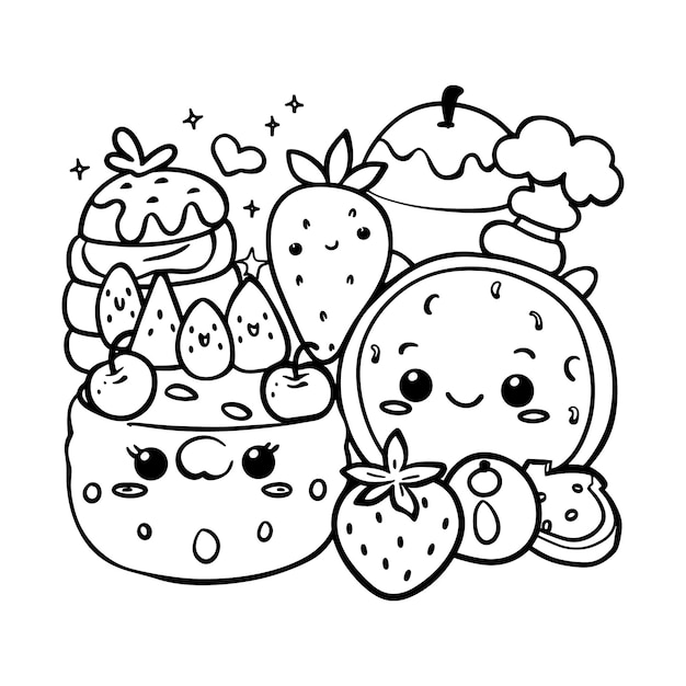 Vector kawaii cute food coloring page white background clean line art hand drawn kawaii illustration